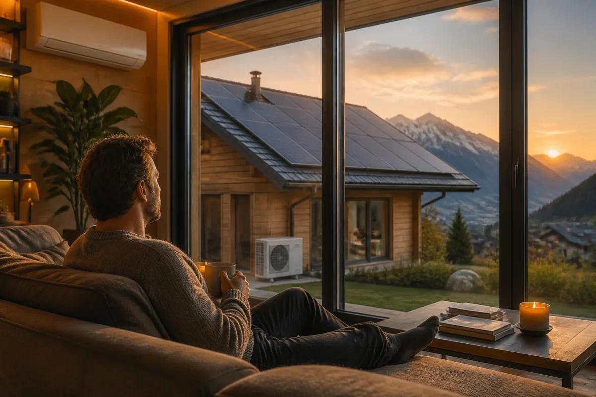 Innenraum mit angenehmer Kühlung und Solarpanels im Abendhimmel