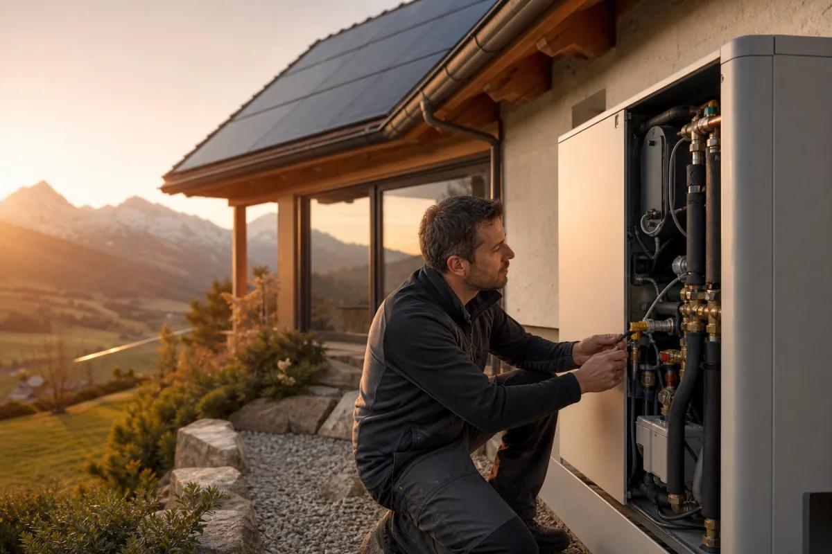 Installateur misst Leitungen und Anschlüsse einer Wärmepumpen-Solar-Kombination