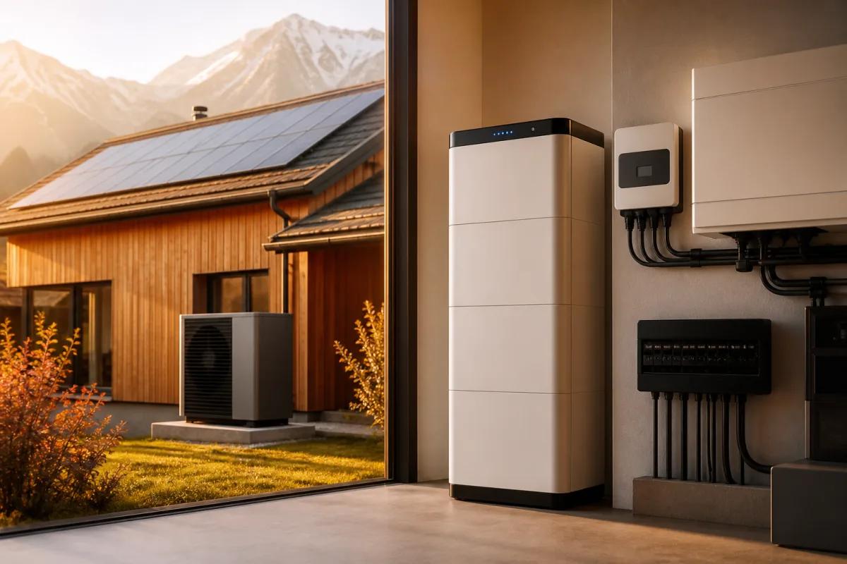 Batteriespeicher, Wärmepumpe und Energiemanagement in einem sauberen Technikraum