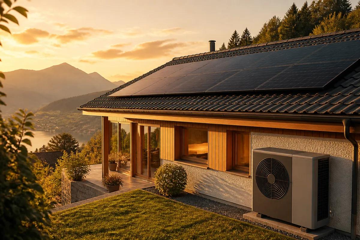 Dachanlage und Wärmepumpe eines Schweizer Hauses bei warmem Sonnenuntergang