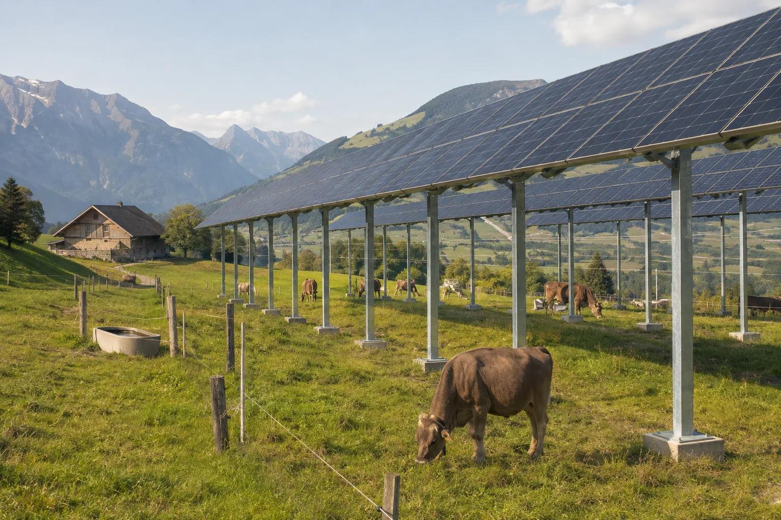 Pâturage suisse avec panneaux agrivoltaïques surélevés et bovins