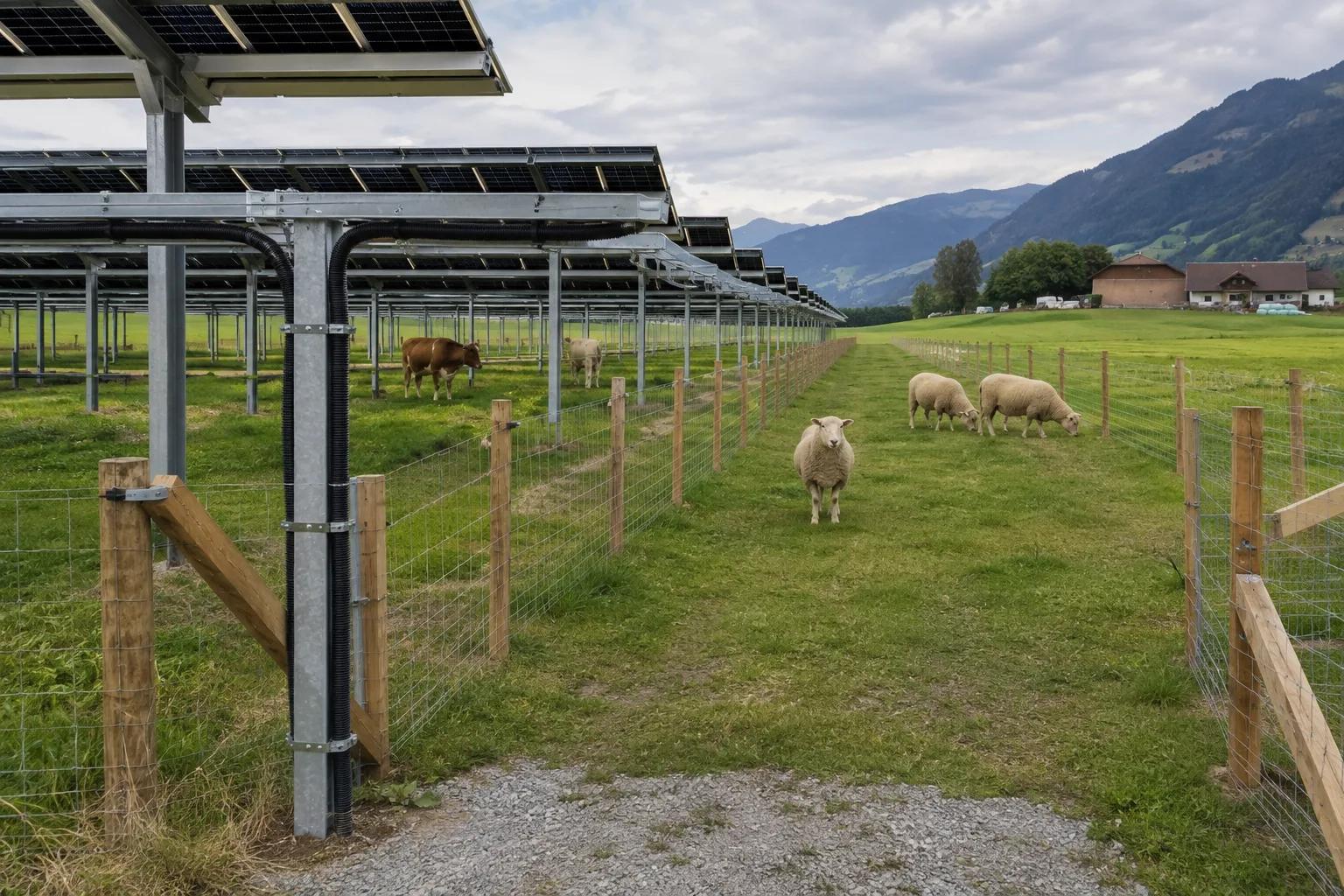 Structure agrivoltaïque au-dessus d'une prairie avec clôture et passage pour le bétail