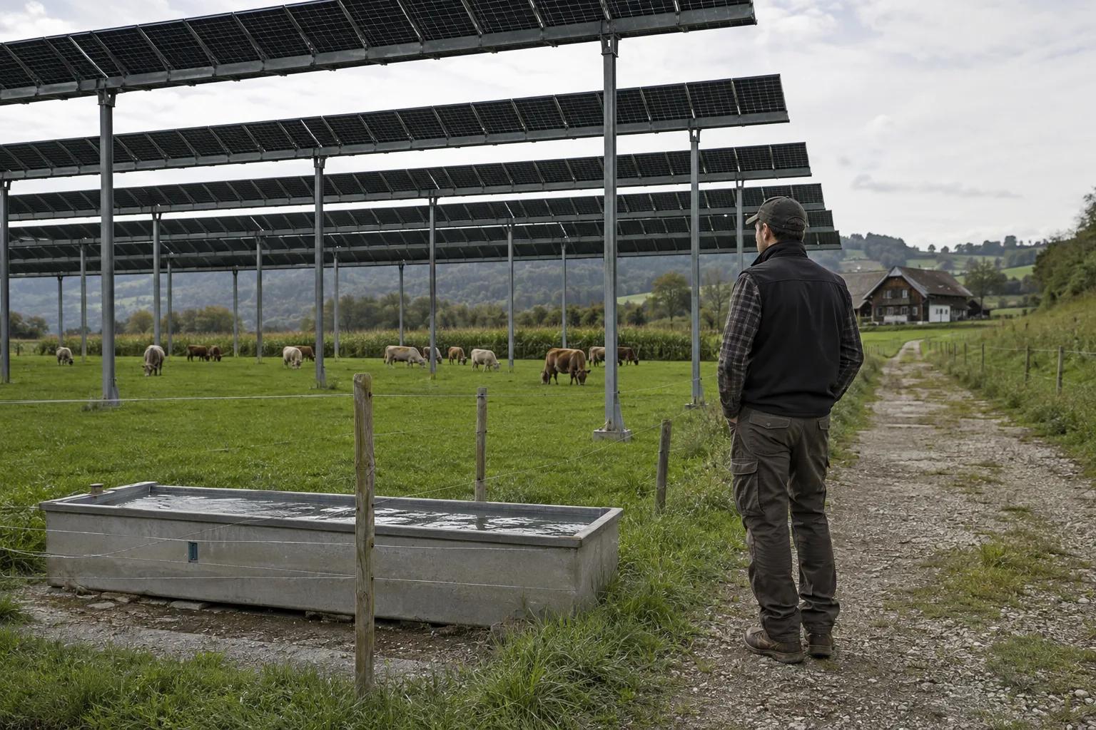 Exploitant agricole inspectant une installation photovoltaïque au-dessus d'une pâture alpine