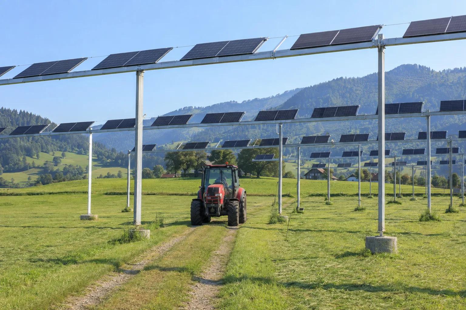 Tracteur passant sous une structure agrivoltaïque espacée dans une prairie suisse