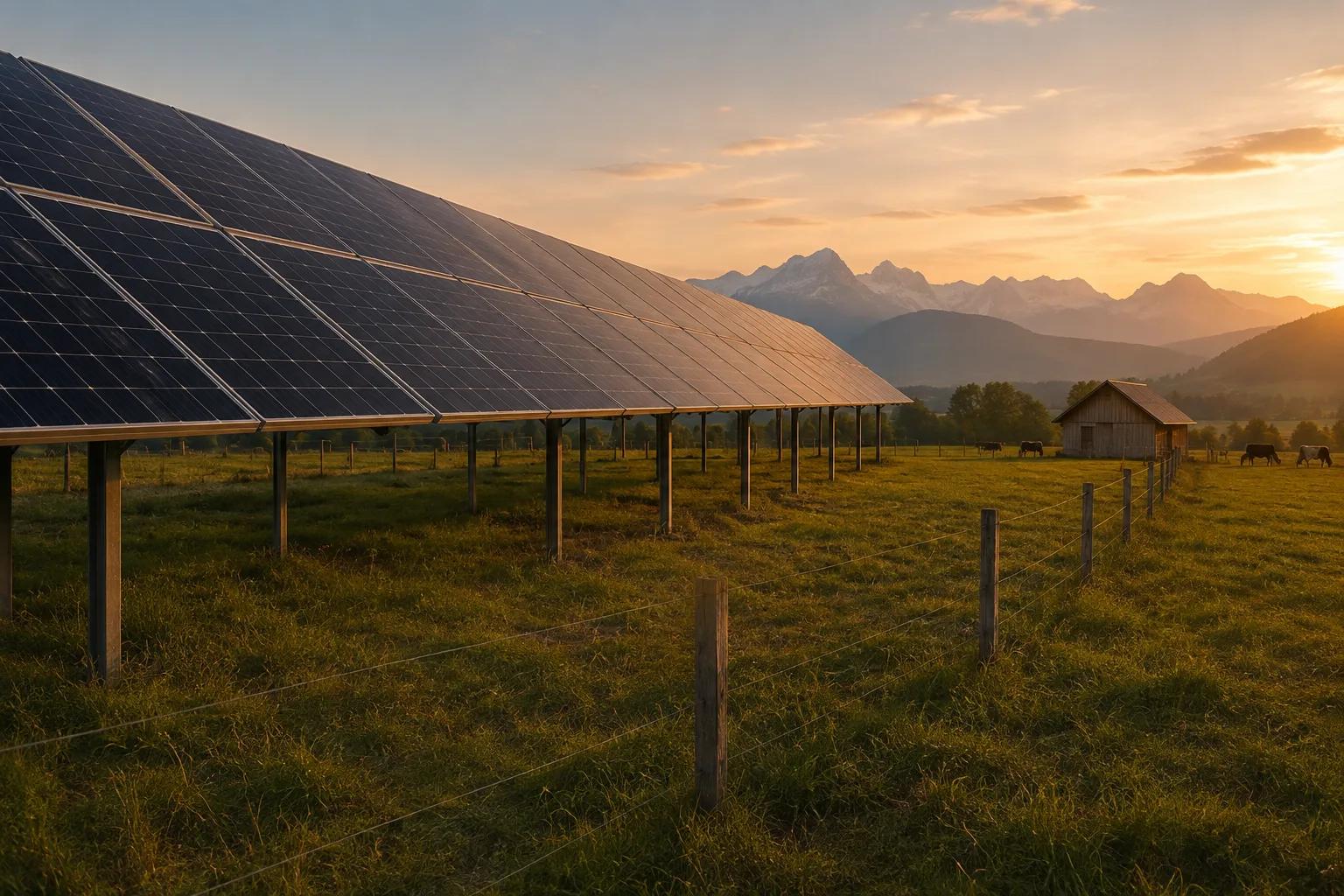 Pâturage agrivoltaïque suisse au coucher du soleil avec abri et modules solaires