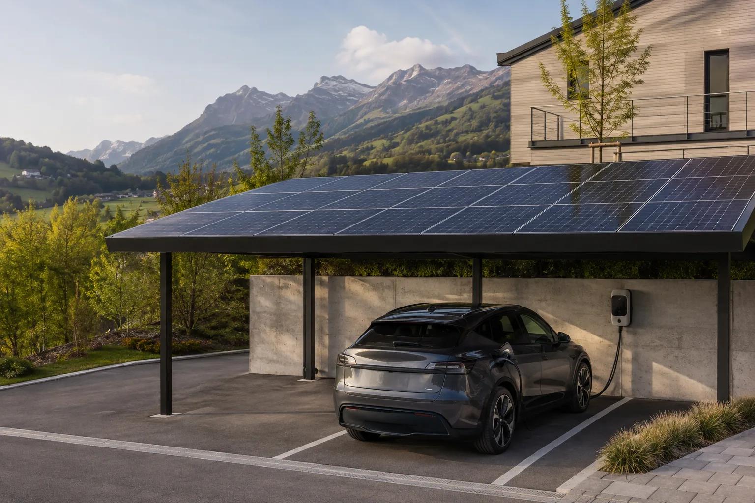 Schweizer Solarcarport mit angeschlossenem Elektroauto an einer Wallbox