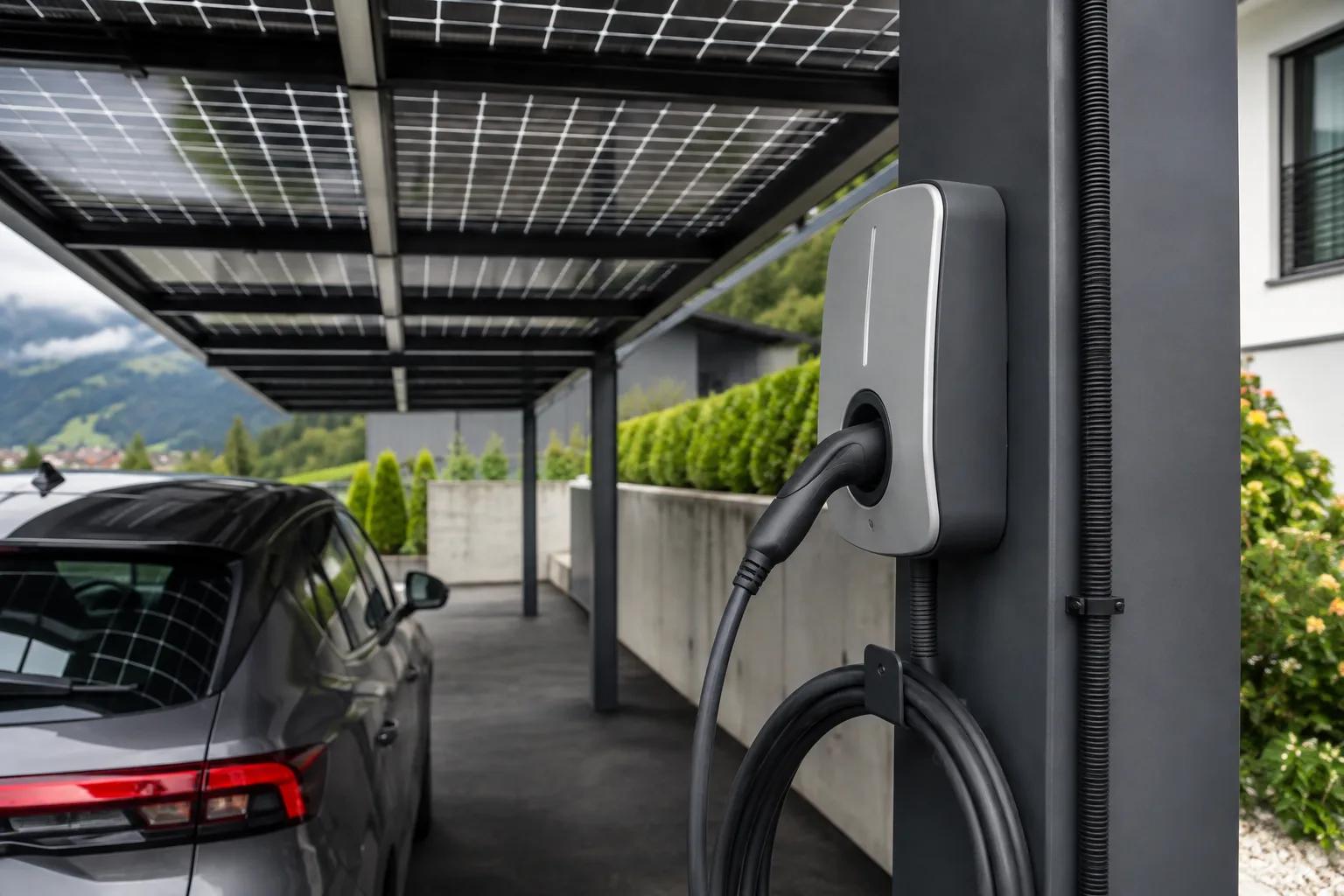 Wallbox unter einem Solarcarport mit geschützter Kabelführung im Detail