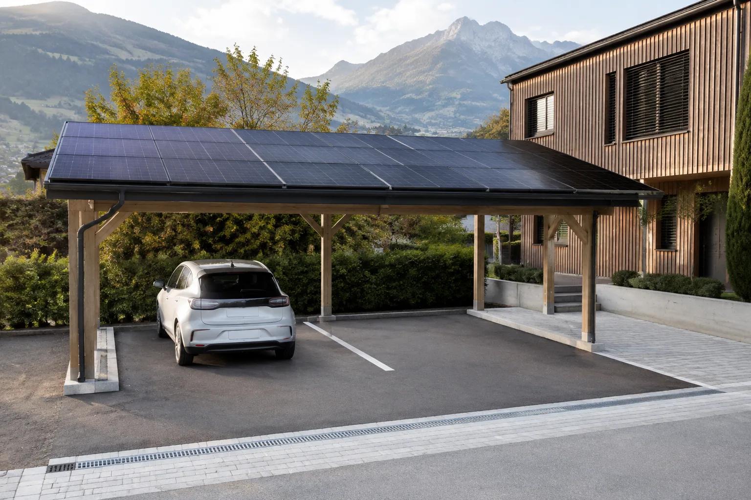 Zwei überdachte Parkplätze mit Photovoltaikdach vor einem Schweizer Wohnhaus