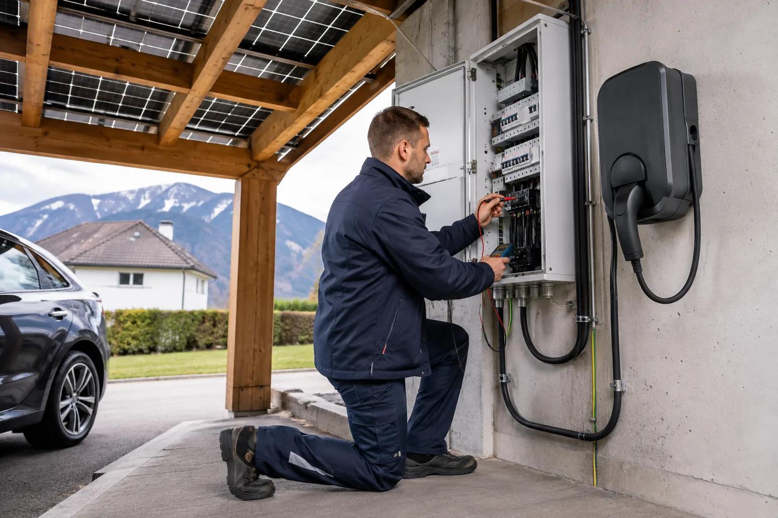 Elektrofachperson prüft Anschluss von Solarcarport und Ladestation