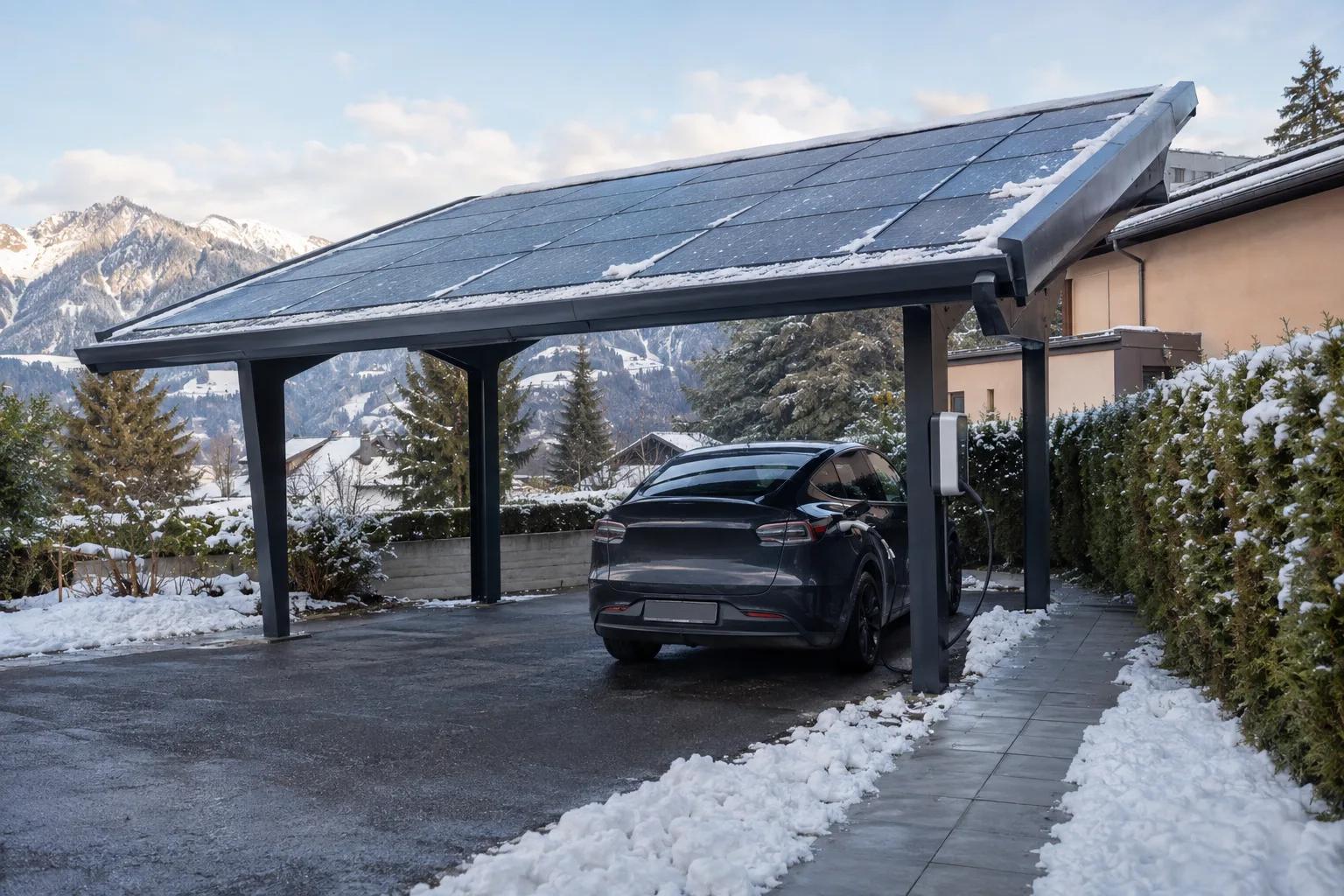 Solarcarport im Winter mit Elektroauto und etwas Schnee auf den Modulen