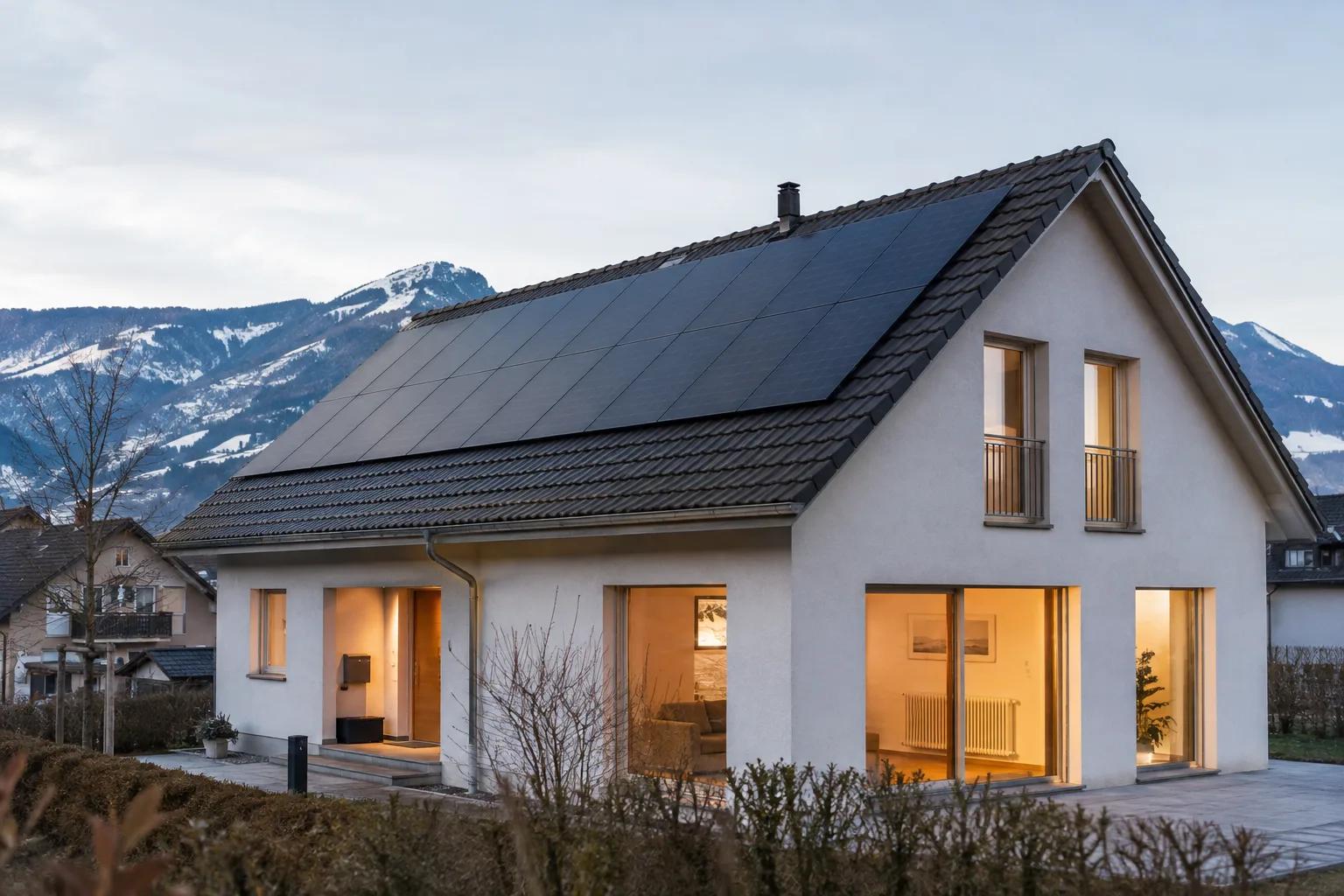 Maison suisse avec panneaux photovoltaïques et chauffage électrique direct