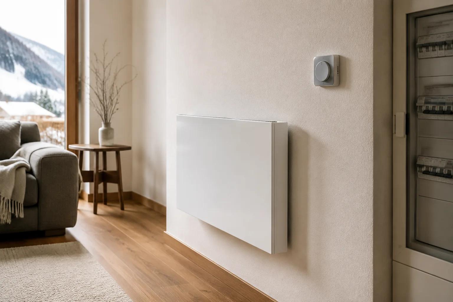 Radiateur électrique mural et tableau de commande dans une maison rénovée