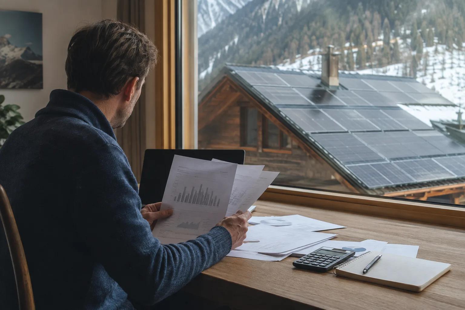 Propriétaire examinant une facture d'électricité et une courbe de consommation hivernale