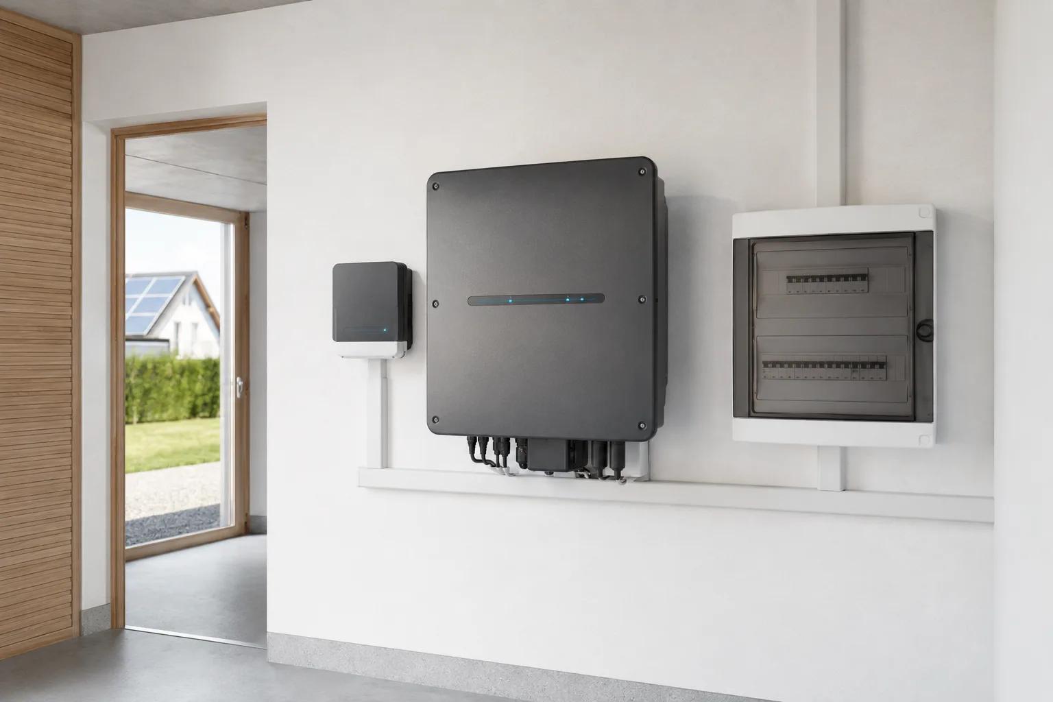 Onduleur solaire connecté dans un local technique résidentiel sans marque visible