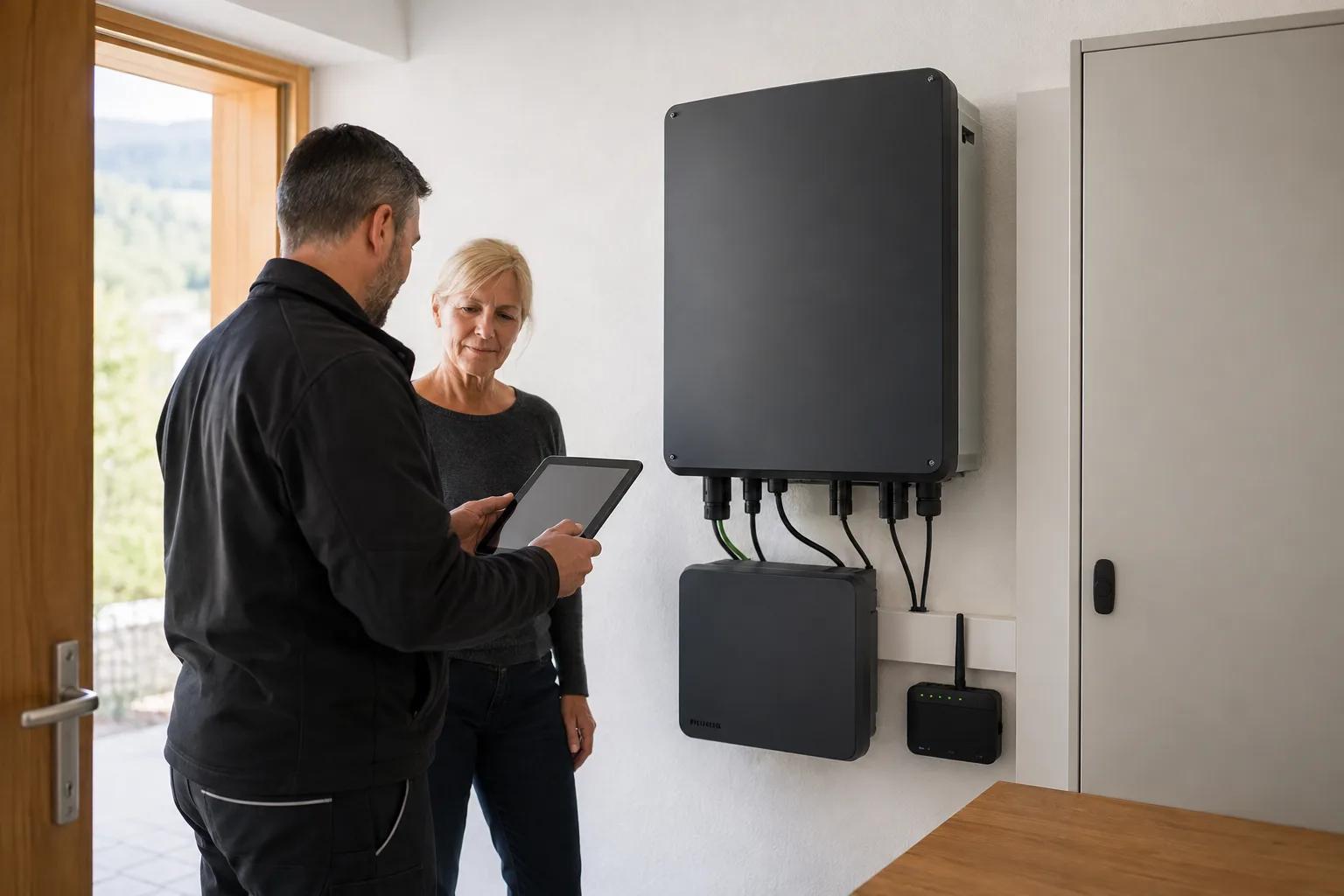Installateur configurant un onduleur photovoltaïque et un système de monitoring