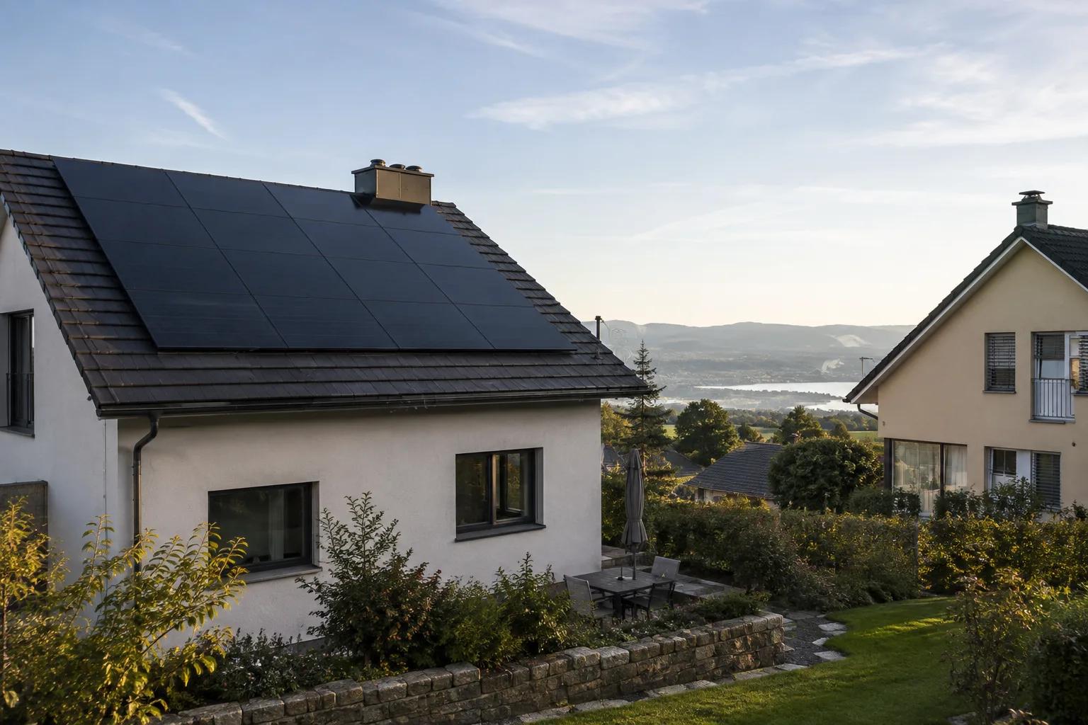 Solarmodule auf einem Schweizer Dach mit Sichtbeziehung zum Nachbarhaus