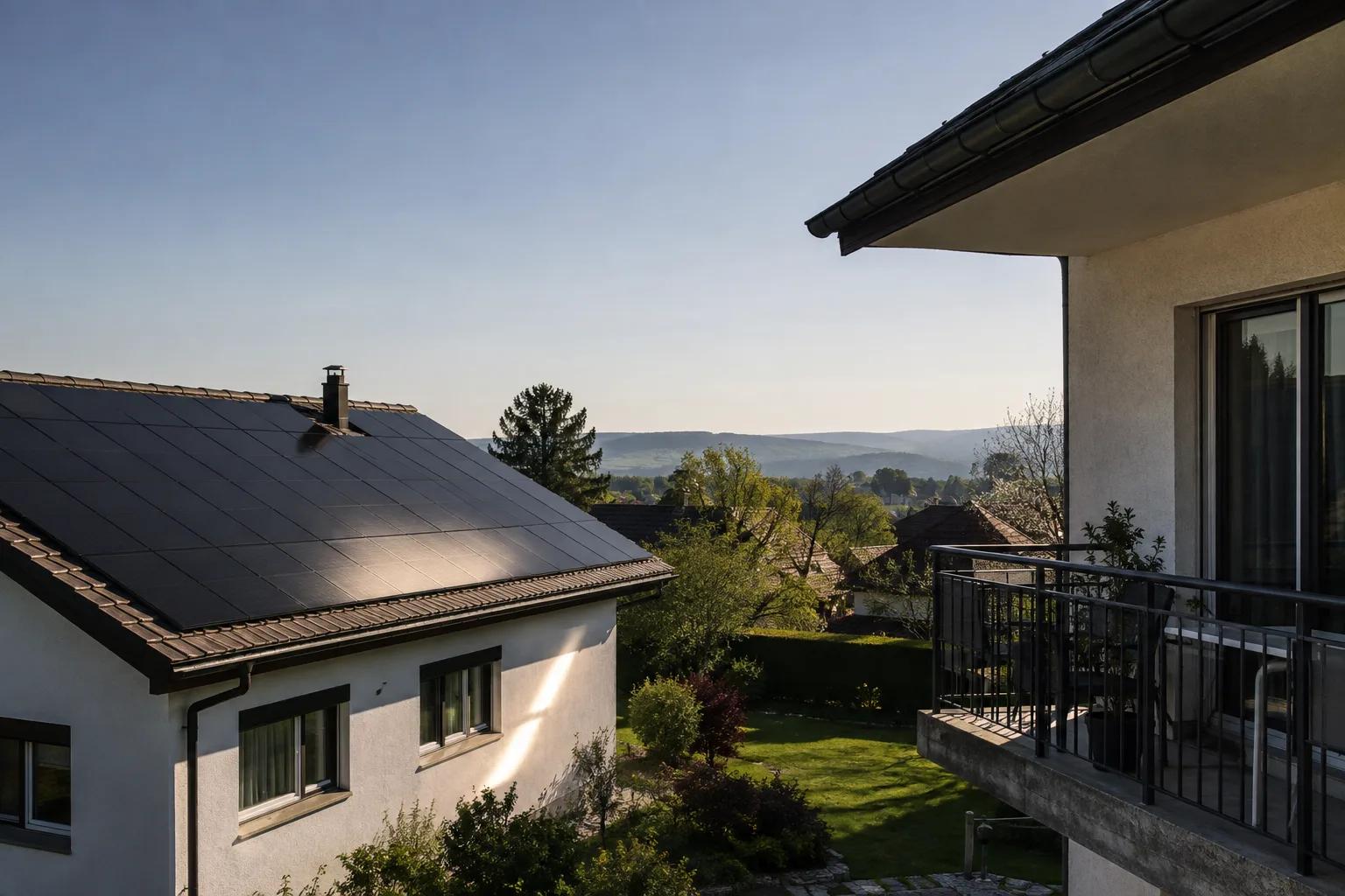 Sonnenstrahl reflektiert an Photovoltaikmodulen neben einem Garten
