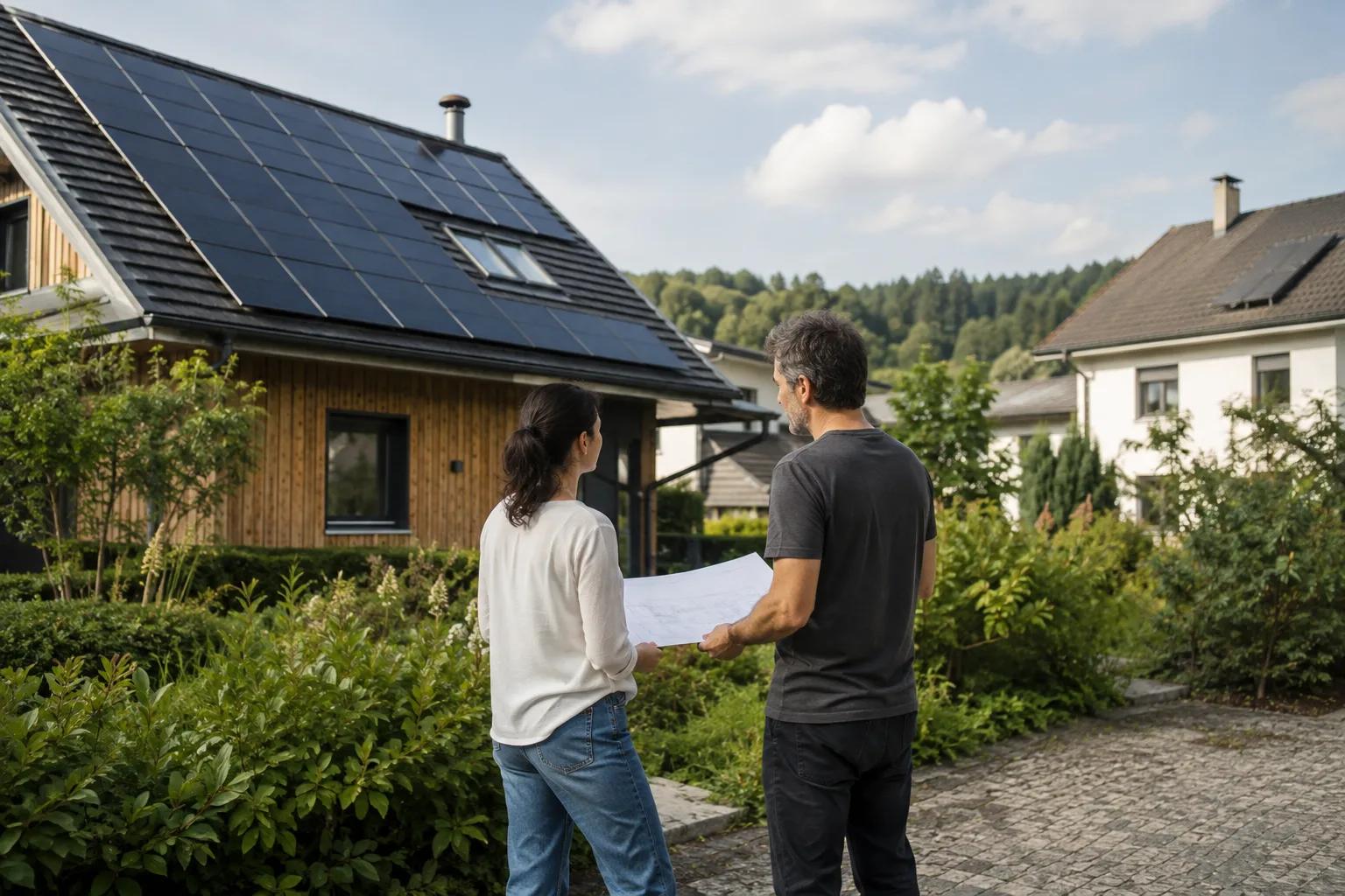 Nachbarn besprechen gemeinsam die Sichtbarkeit einer geplanten Solaranlage