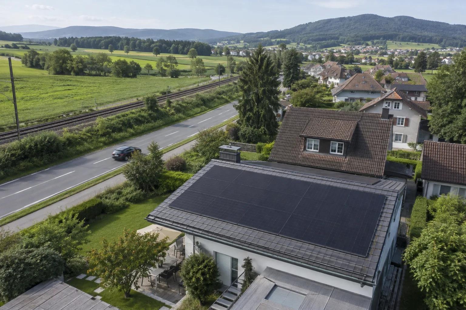 Draufsicht auf ein Solardach nahe einer Strasse und mehreren Wohnhäusern