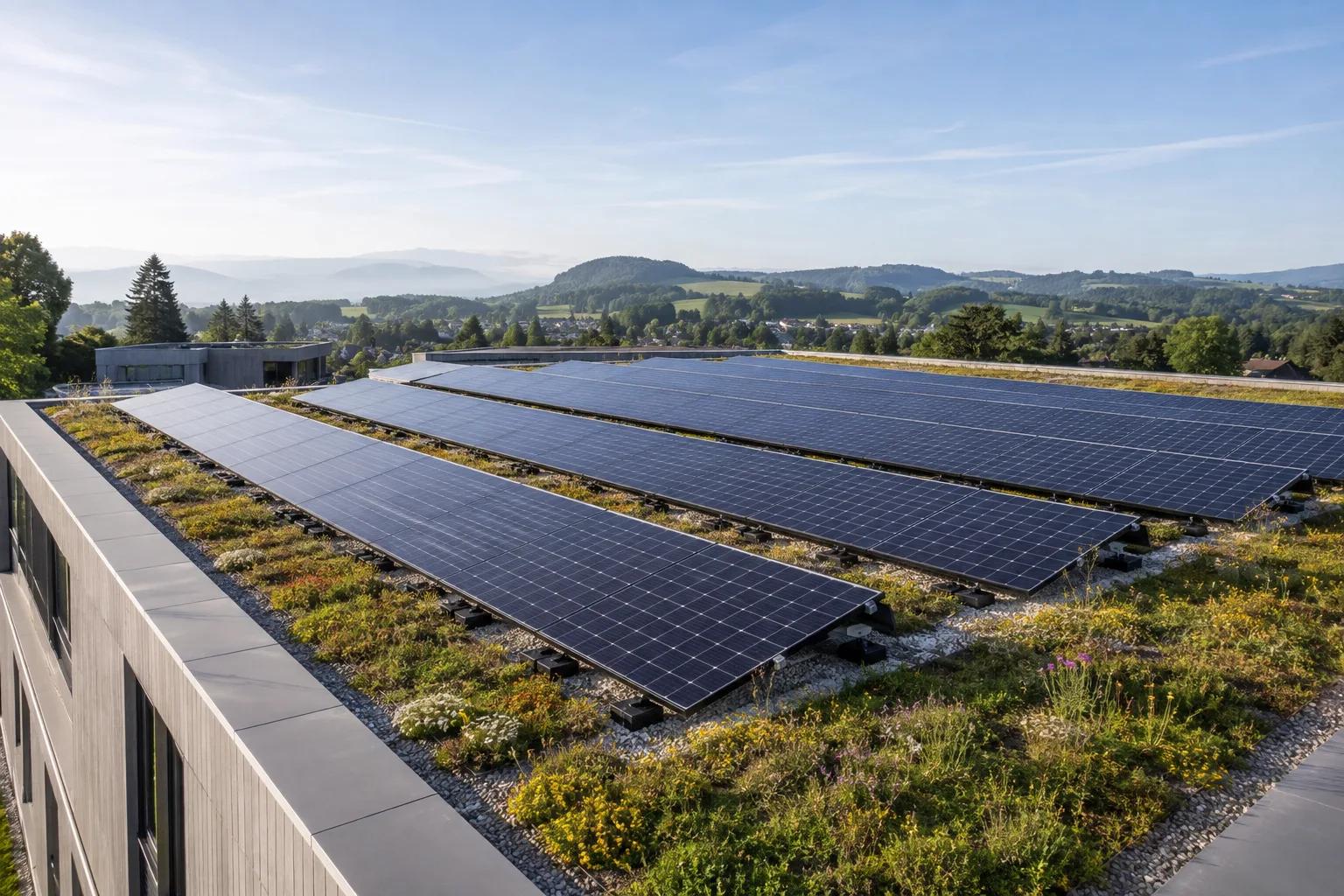 Begrüntes Schweizer Flachdach mit Reihen von Photovoltaikmodulen