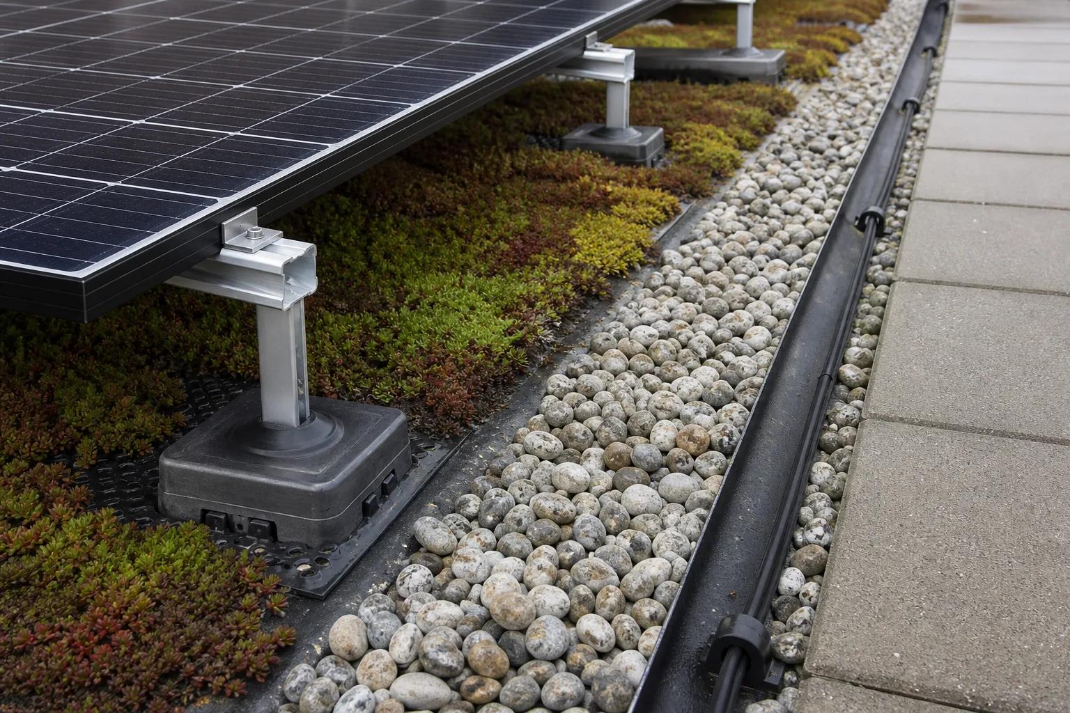 Detail einer Solaranlage über Pflanzensubstrat mit sichtbarer Entwässerung
