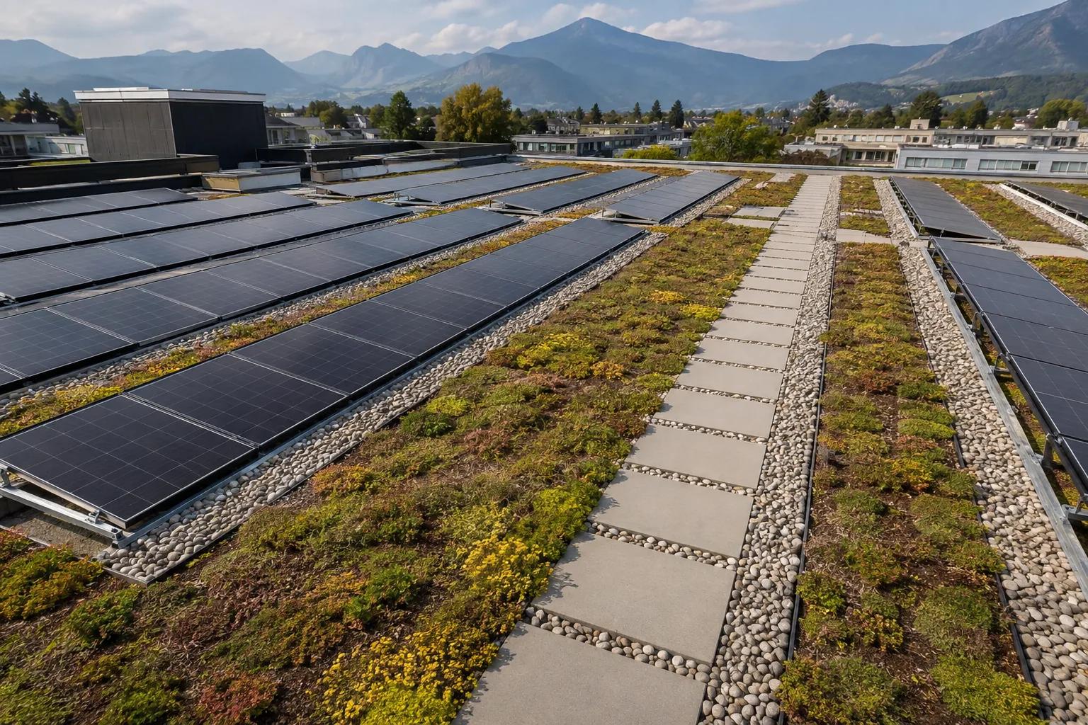 Begrüntes Dach mit Wartungsweg zwischen den Solarmodulen