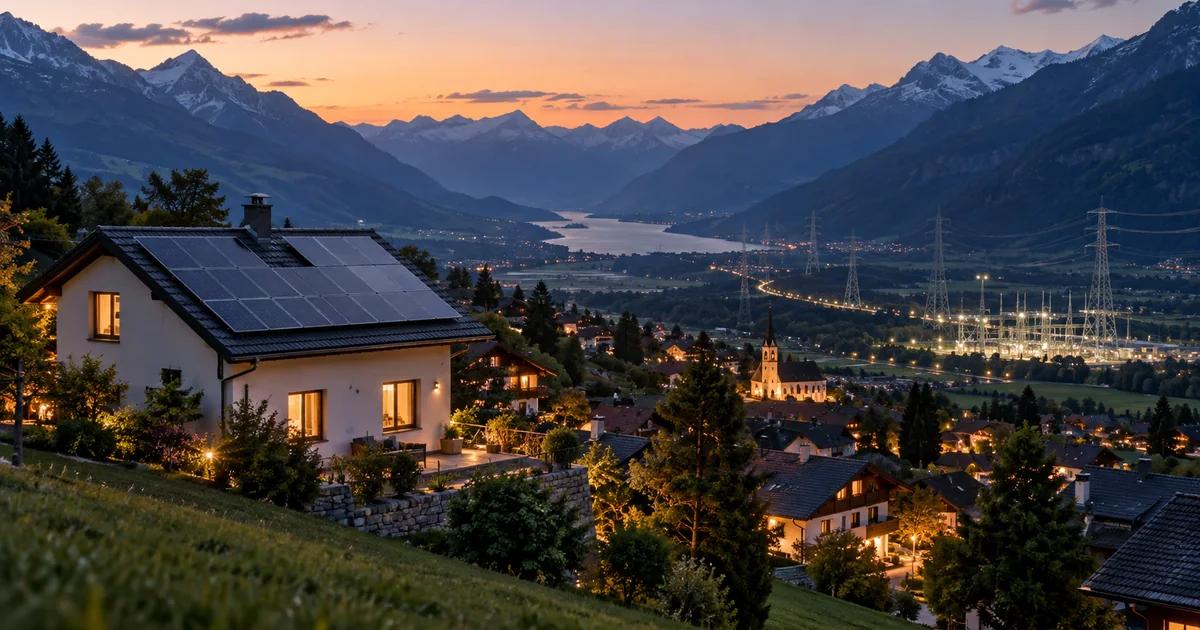 Schweizer Wohnhaus mit Solardach vor einem beleuchteten Dorf und Stromleitungen in einem Alpental