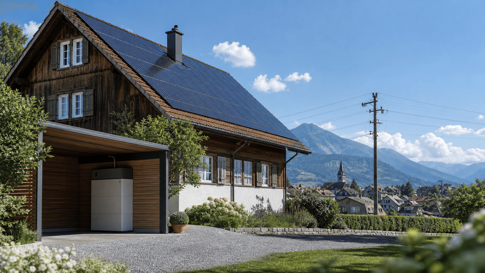 Ferme suisse avec toiture solaire, batterie domestique et poteau du réseau électrique en arrière-plan