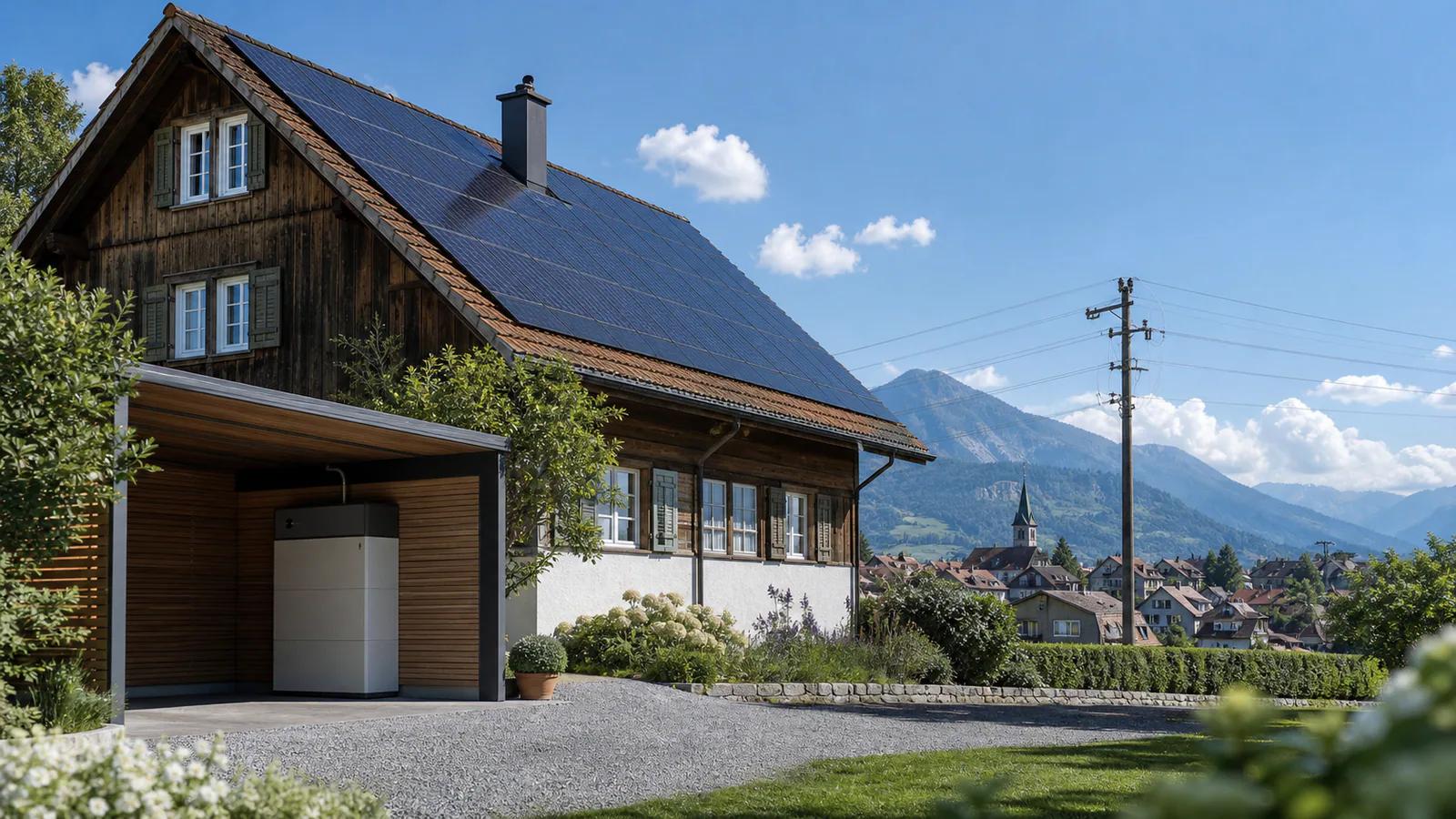 Ferme suisse avec toiture solaire, batterie domestique et poteau du réseau électrique en arrière-plan