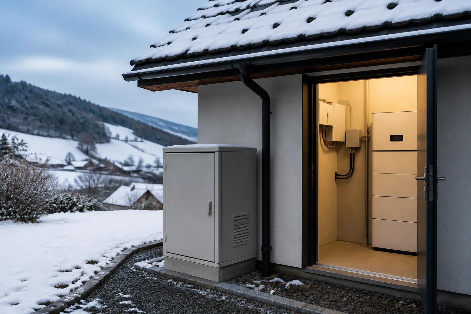 Winterliche Schweizer Hausinstallation mit Batteriespeicher und Netzanschluss im Berner Oberland