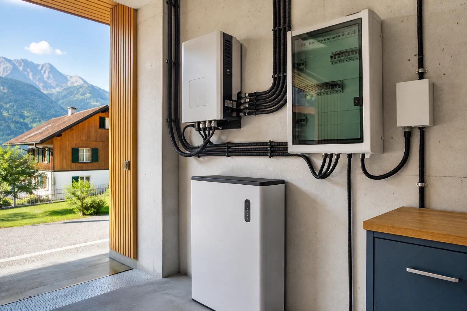 Batterie solaire et armoire de raccordement visibles dans une maison suisse ouverte sur les Alpes