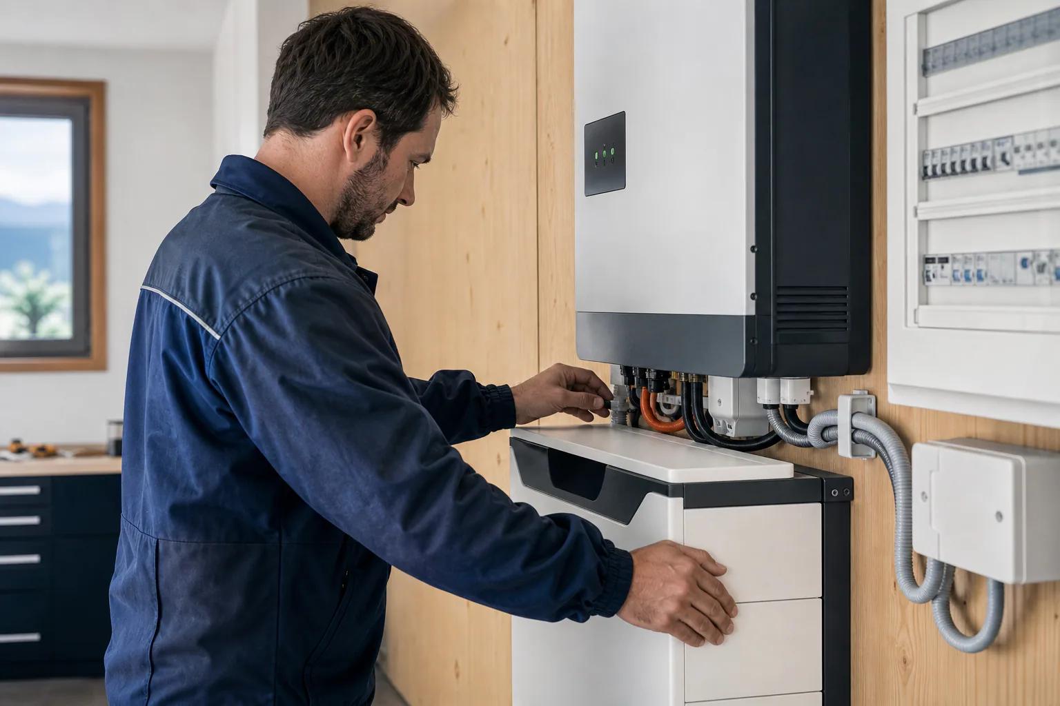Électricien vérifiant une batterie solaire domestique et le tableau électrique dans une maison suisse