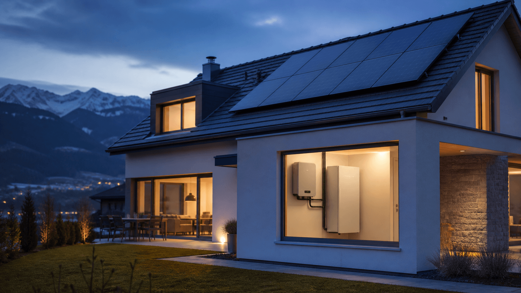 Maison suisse équipée de panneaux solaires et d'une batterie domestique visible à la tombée du jour