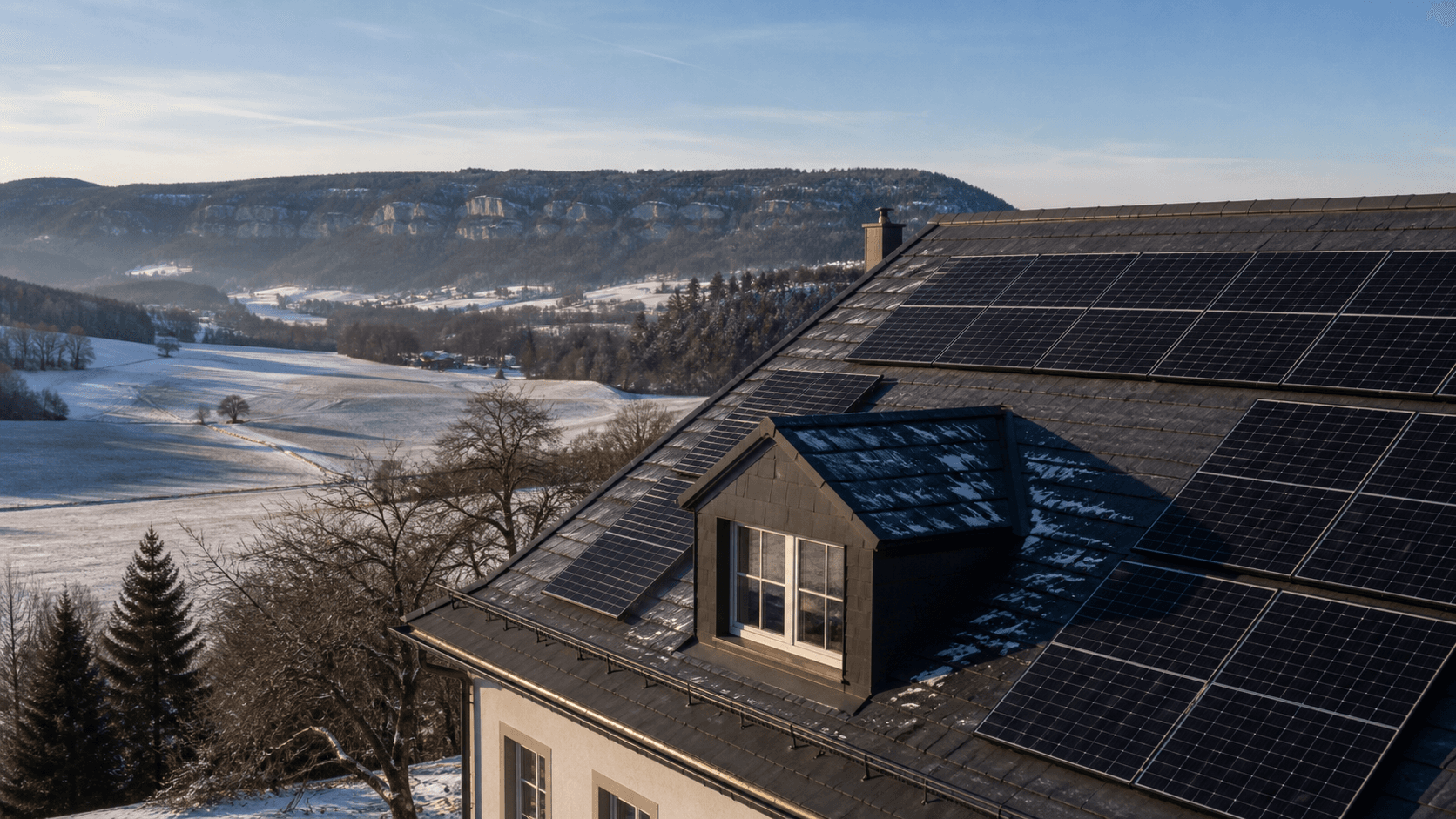 Verschneites Dach im Berner Jura mit Lukarne und realistisch angeordneten Photovoltaikmodulen