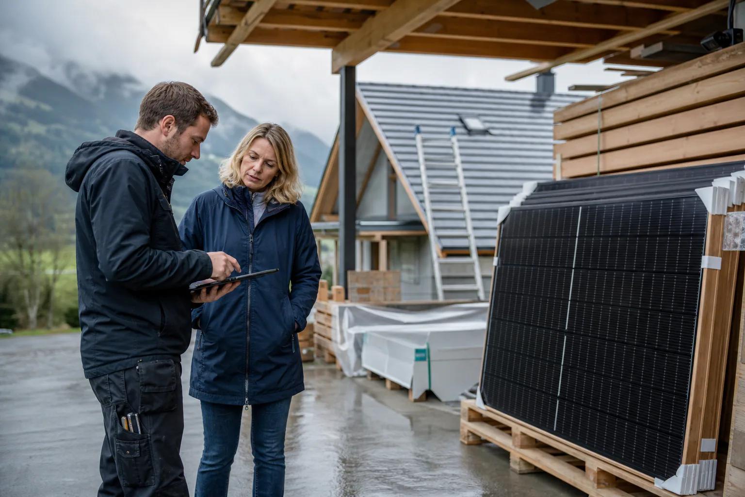 Installateur und Hauseigentümer besprechen den Baufortschritt neben geschützten Solarmodulen