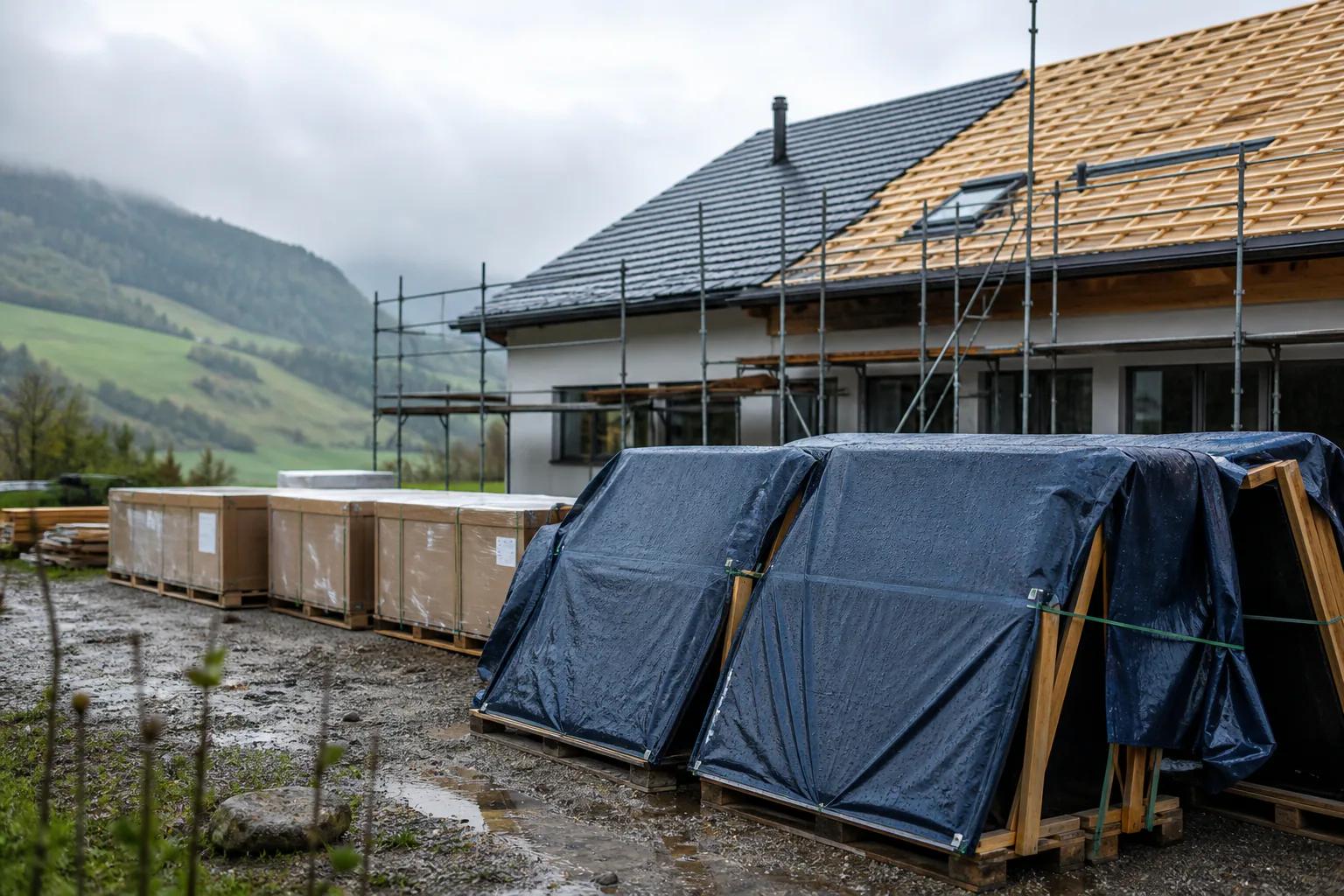 Panneaux solaires protégés et toiture en chantier pendant un retard d'installation en Suisse