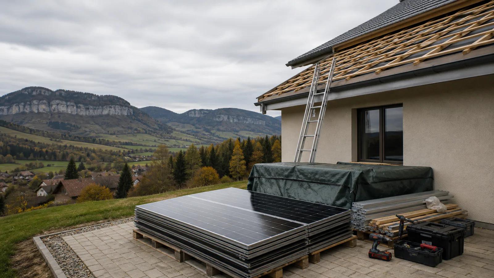 Panneaux solaires stockés sous protection devant un toit suisse en préparation dans le Jura
