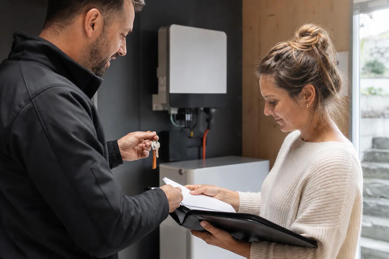 Installateur übergibt Schlüssel und Unterlagen für eine fertige Solaranlage an einen Hauseigentümer