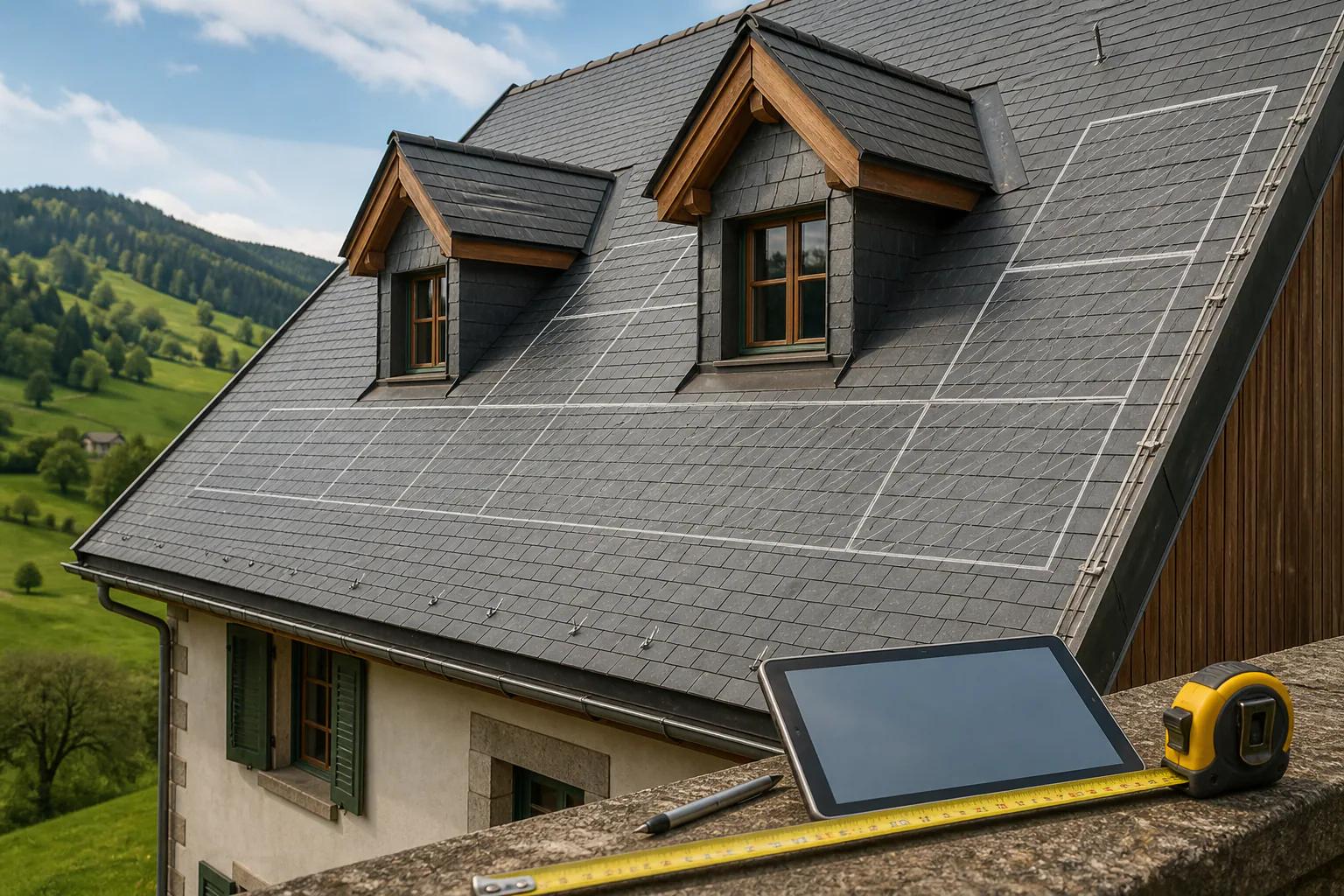 Relevé rapproché d'une toiture du Jura bernois avec deux lucarnes et des zones de panneaux mesurées