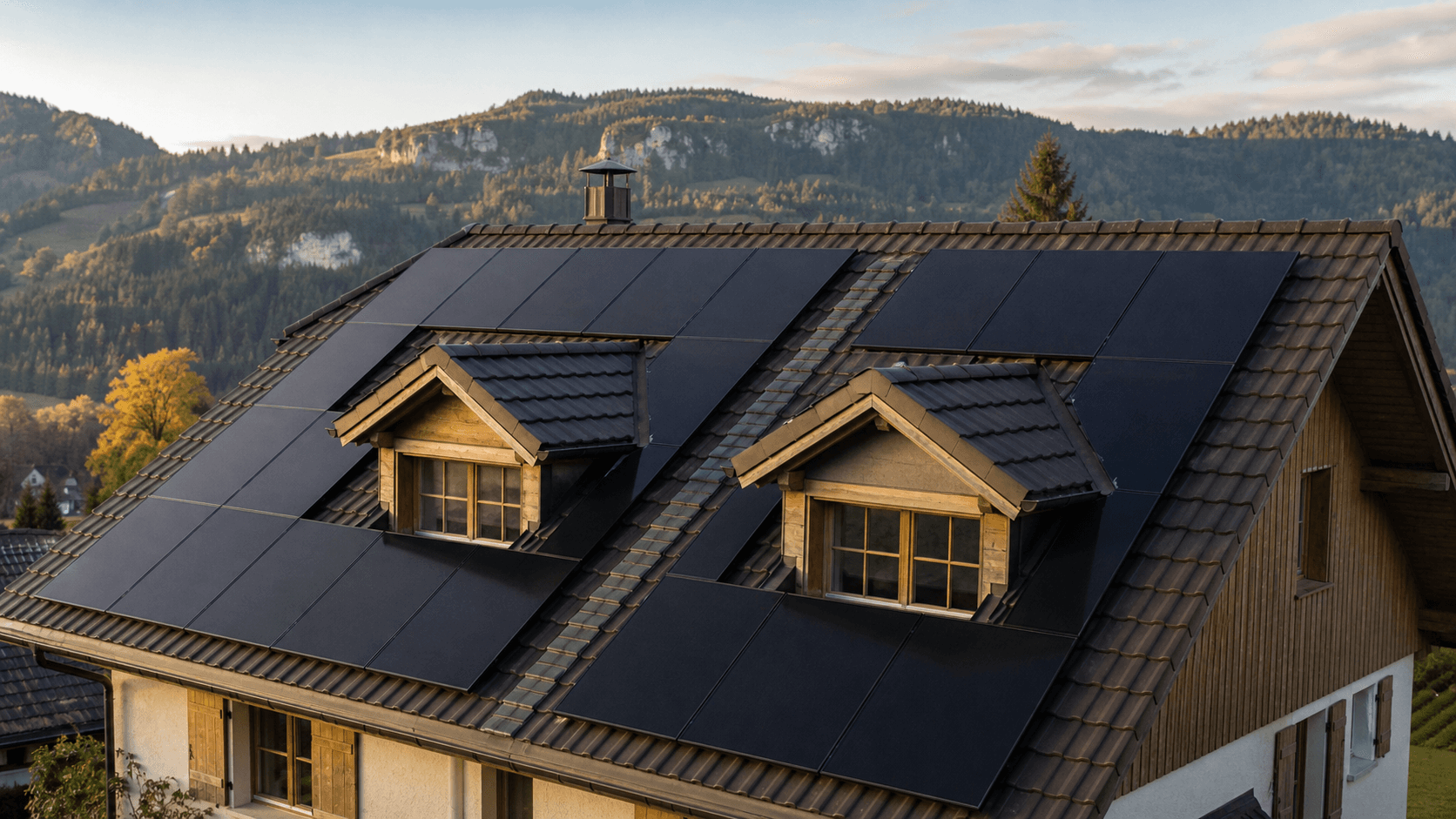 Toiture d'une maison du Jura bernois avec deux lucarnes et des panneaux solaires disposés autour des ouvertures