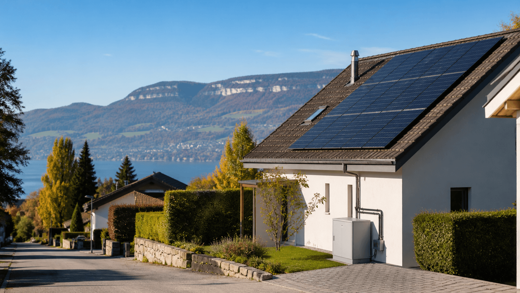 Maison résidentielle de la région de Neuchâtel avec panneaux solaires et équipement extérieur de raccordement