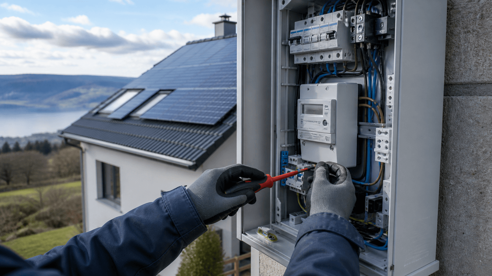 Elektrikerhände arbeiten am Zähler- und Anschlusskasten eines Hauses mit Solardach im Kanton Neuenburg