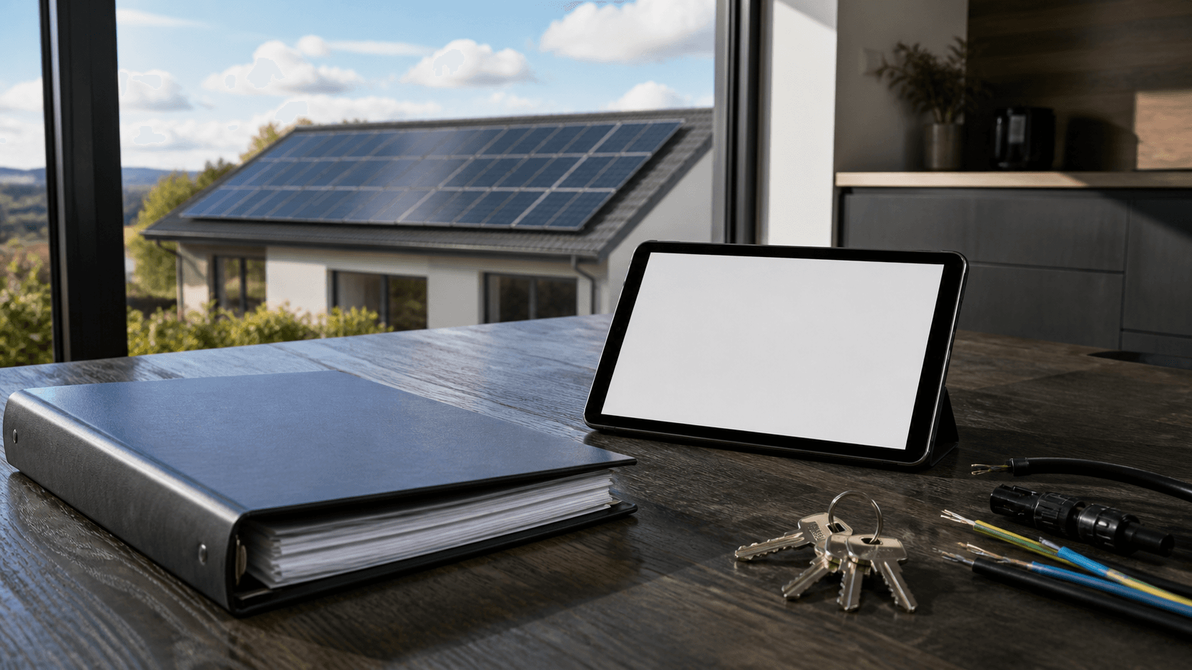Ordner, Tablet mit leerem Bildschirm und Schlüssel bei der Übergabe einer Solaranlage