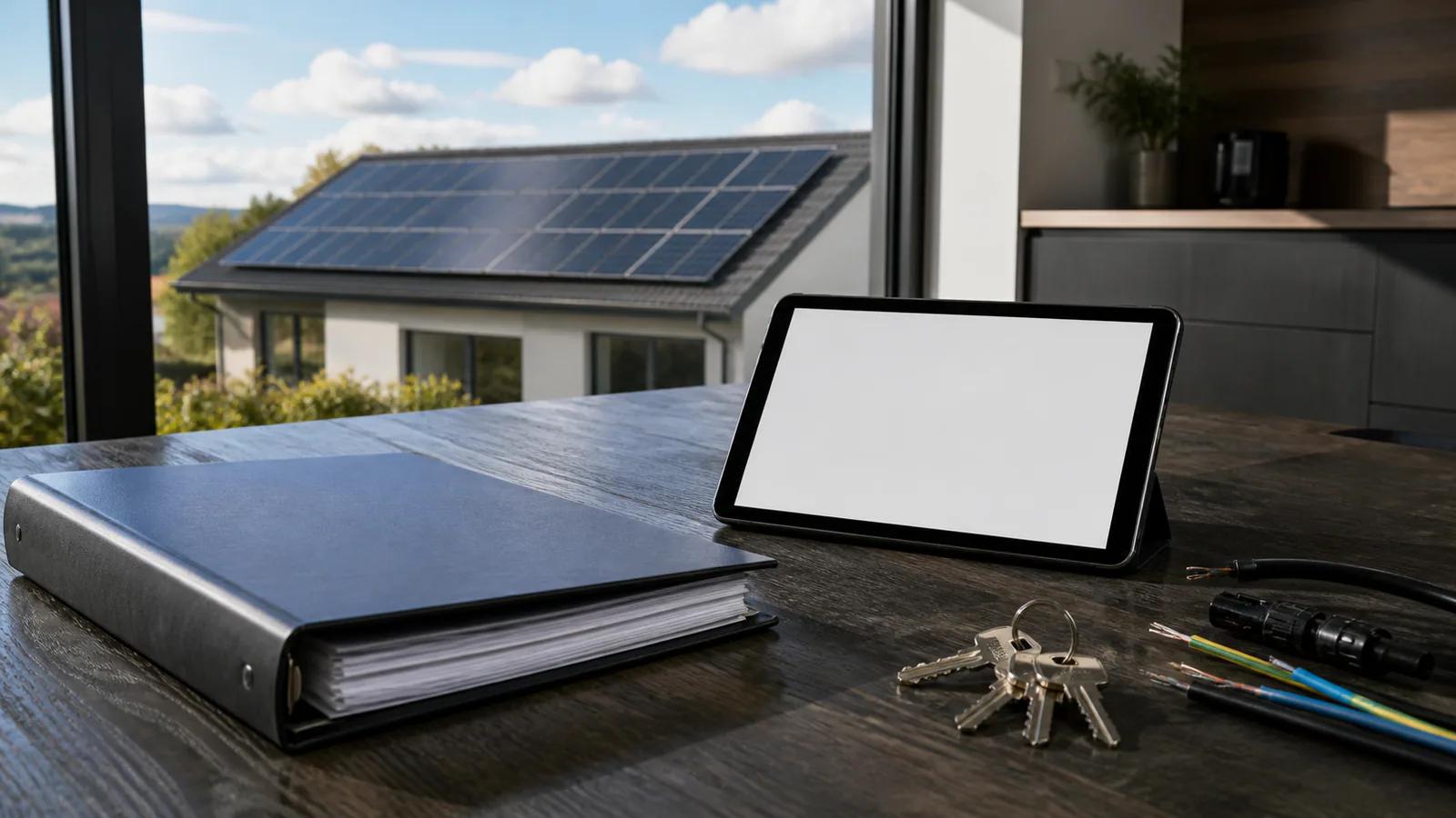 Ordner, Tablet mit leerem Bildschirm und Schlüssel bei der Übergabe einer Solaranlage