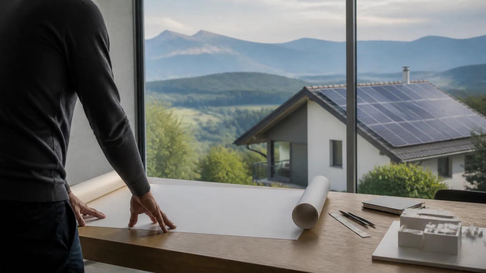 Leerer Installationsplan auf einem Tisch vor einem Schweizer Haus mit Solarmodulen
