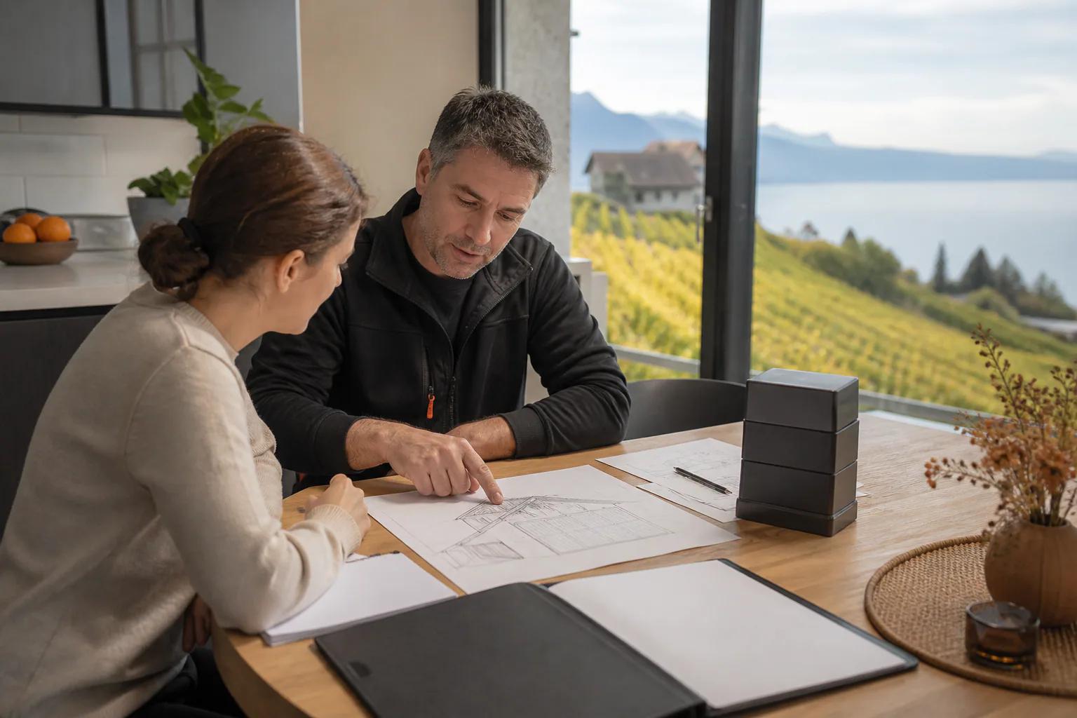 Propriétaire et installateur vérifient un projet solaire et une batterie devant le vignoble vaudois