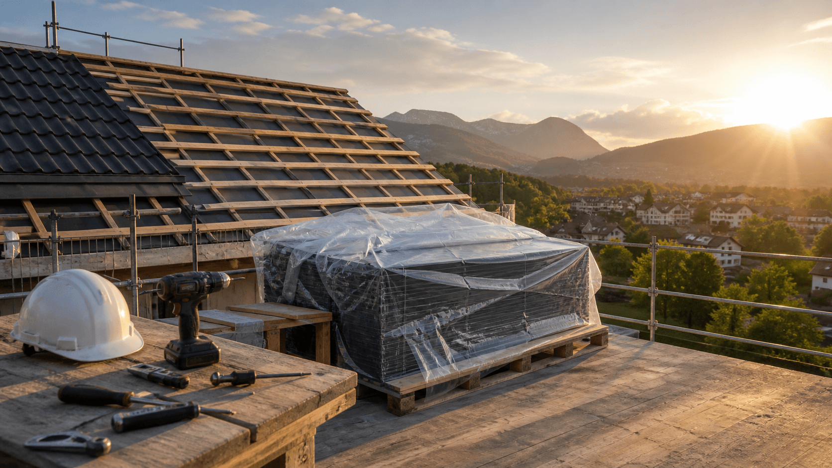 Geschützte Solarmodule und Werkzeuge auf einer geordneten Baustelle vor einem Schweizer Bergpanorama