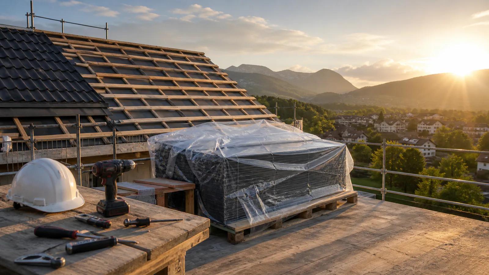 Geschützte Solarmodule und Werkzeuge auf einer geordneten Baustelle vor einem Schweizer Bergpanorama