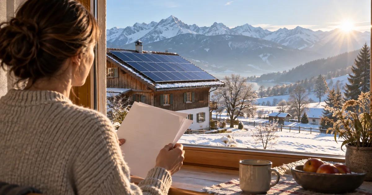Schweizer Bauernhaus mit Solardach im Winterlicht und Energieunterlagen im Vordergrund