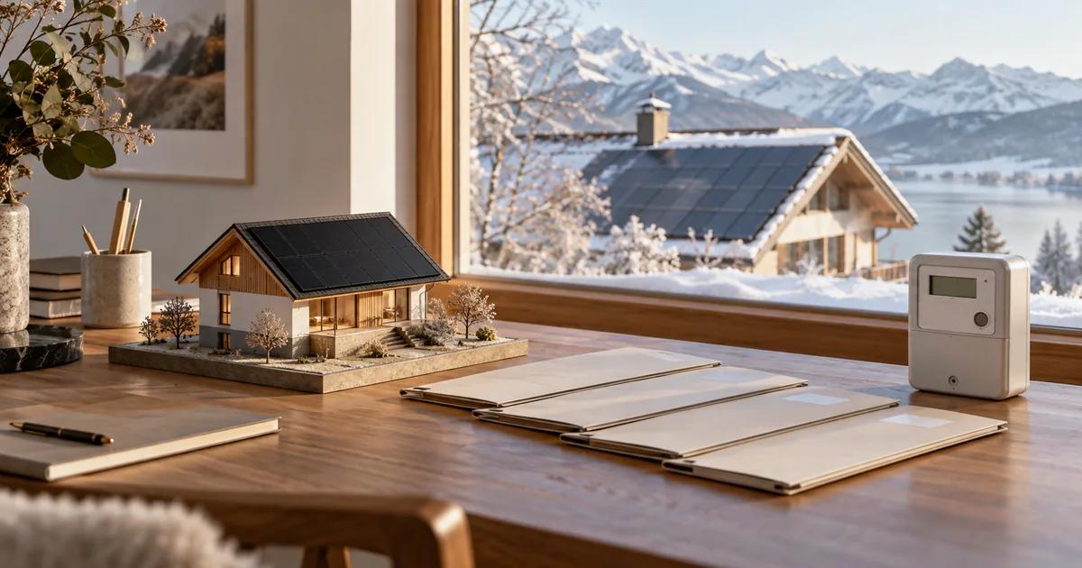 Maquette de maison solaire et quatre dossiers sur une table devant un paysage suisse hivernal